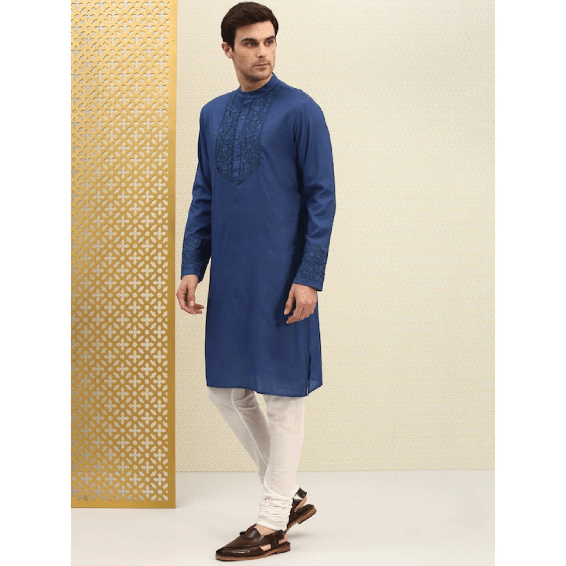 Custom made eid men embroidery kurta  pajama set , 100% cotton blue kurta for men ,  Men traditional wear , Indian shirt for men