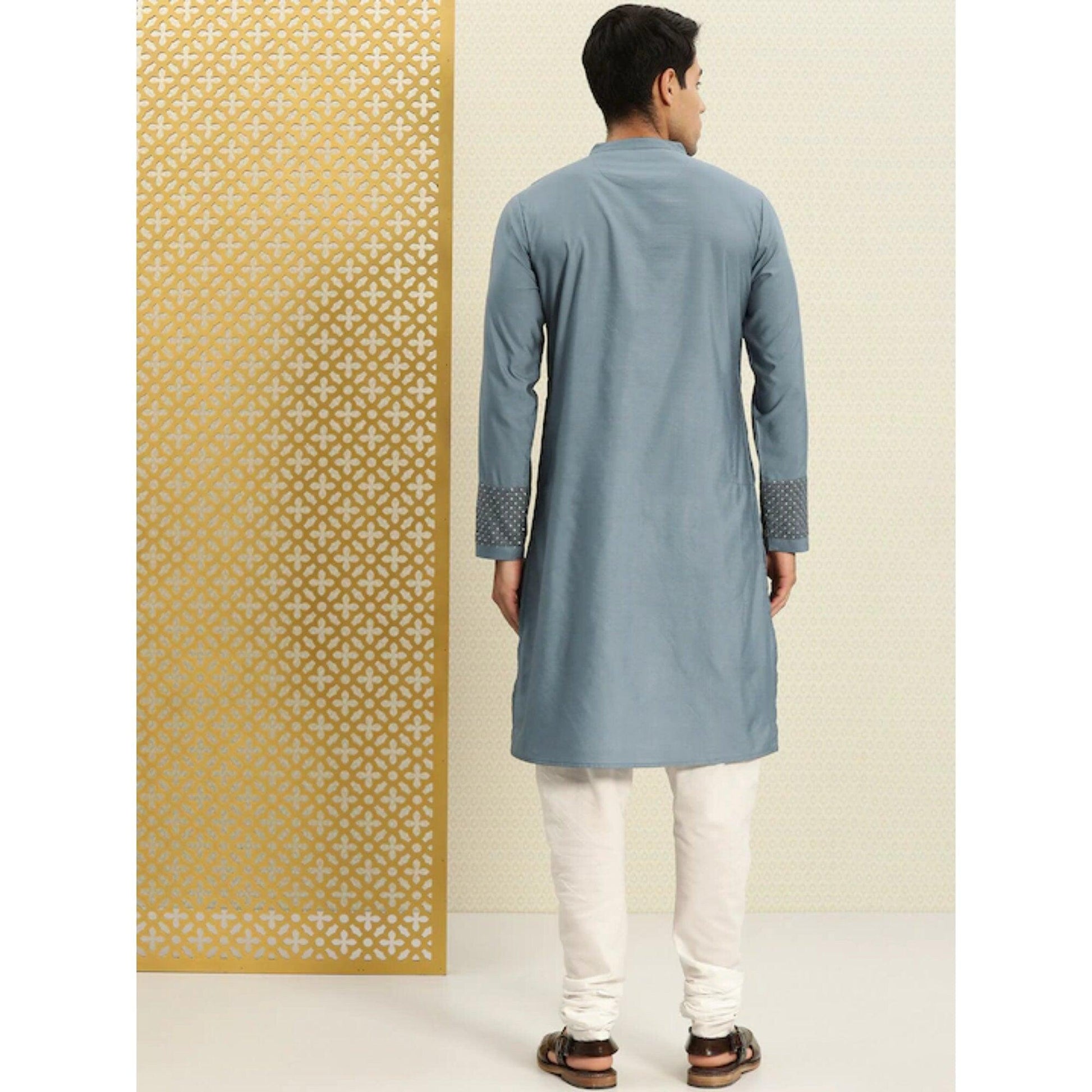 Custom made eid men embroidery kurta  pajama set , 100% cotton blue kurta for men ,  Men traditional wear , Indian shirt for men