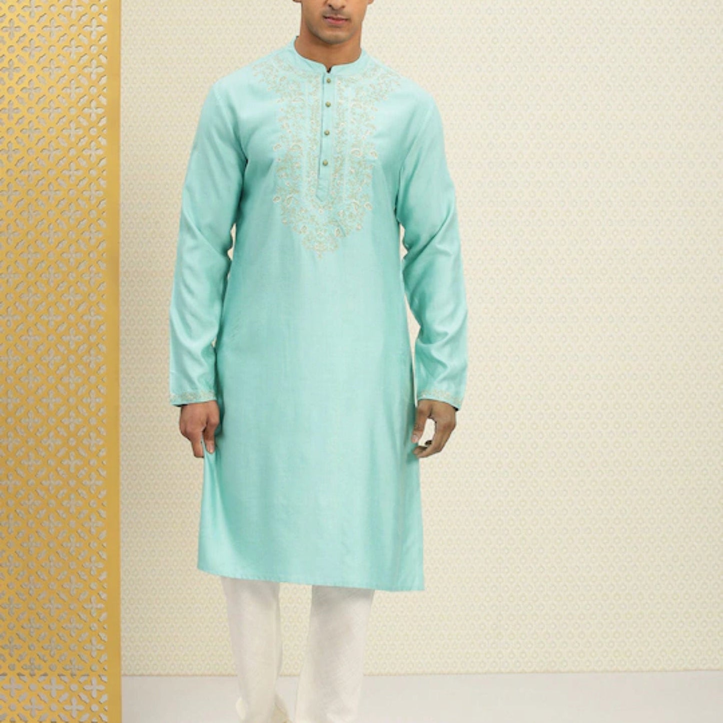 Custom made embroidered men wedding kurta pajama set , 100% cotton  blue kurta for men , Indian Men Tunic , multistyle kurta , xl to 4xl