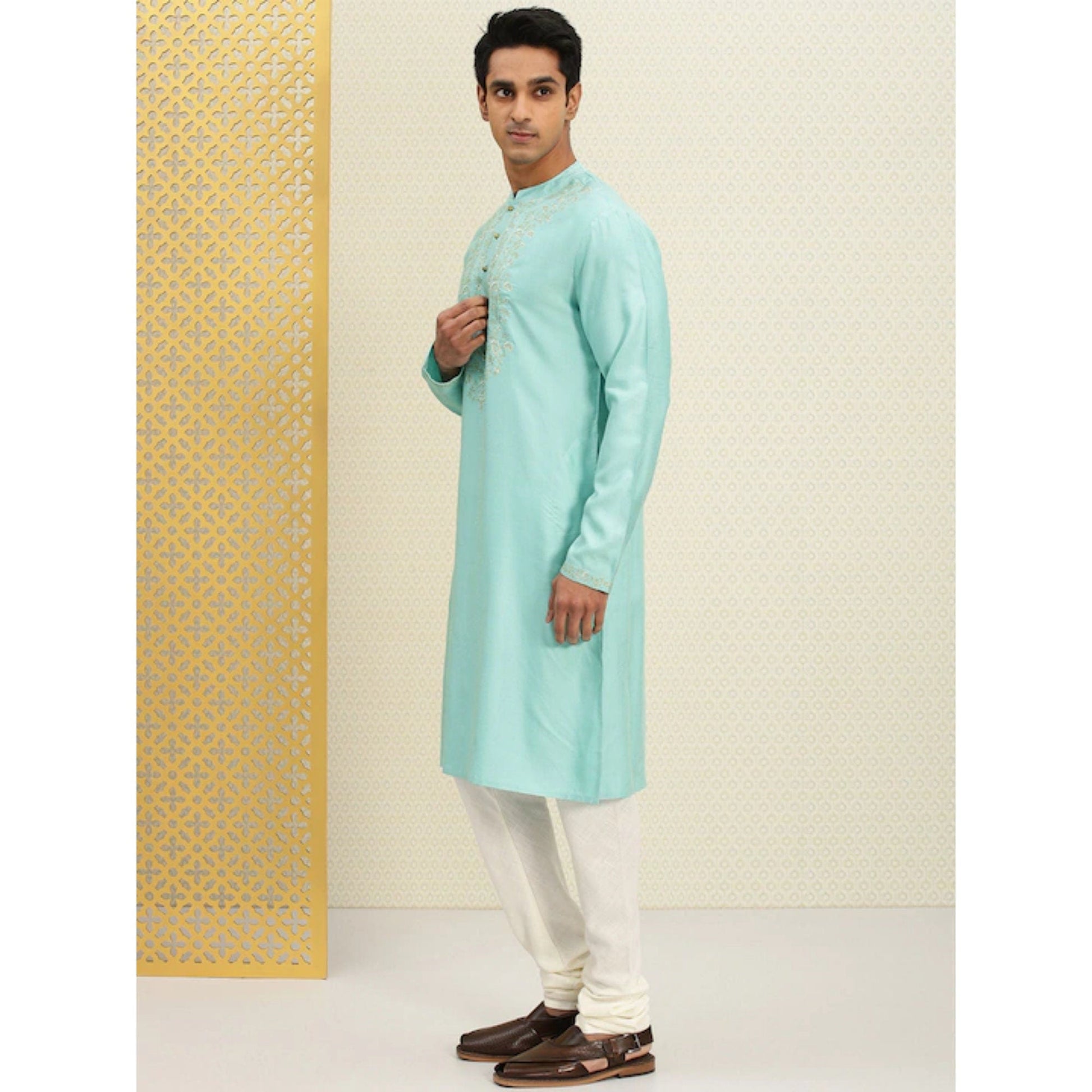 Custom made embroidered men wedding kurta pajama set , 100% cotton  blue kurta for men , Indian Men Tunic , multistyle kurta , xl to 4xl