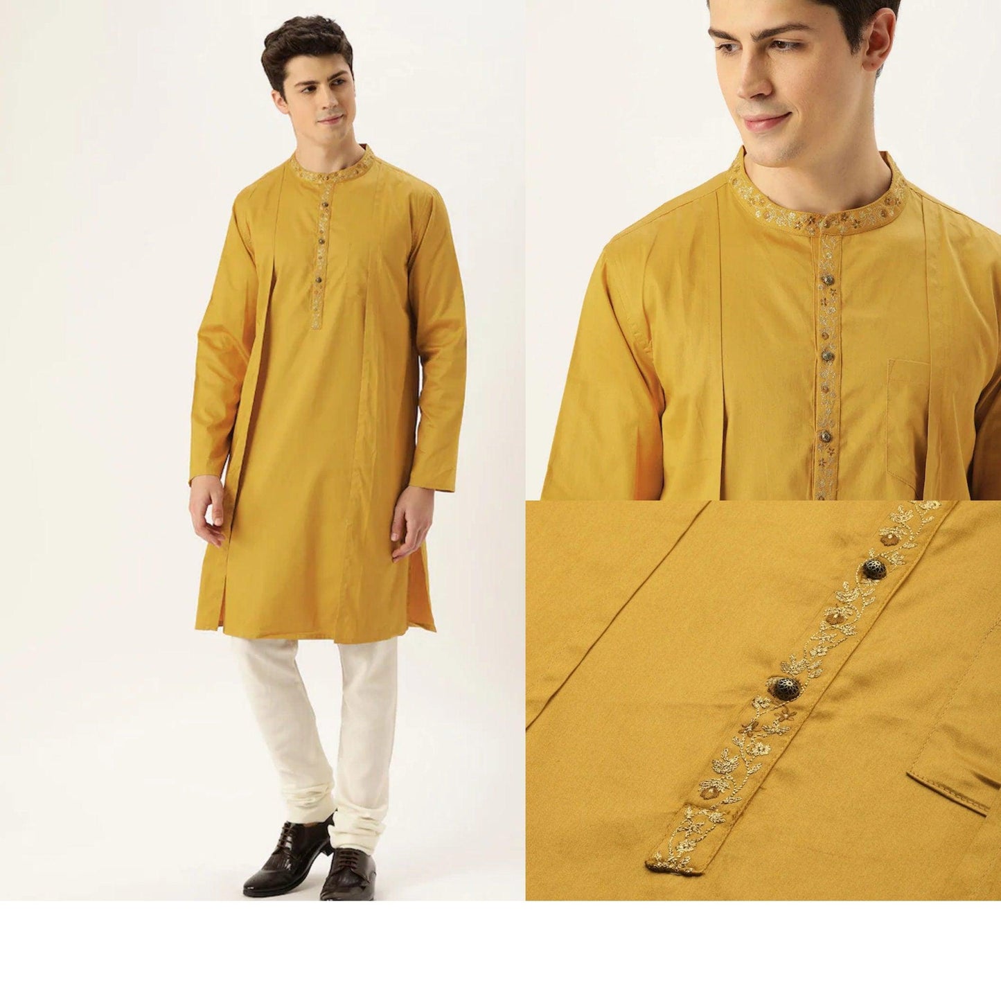 Custom made embroidered men wedding kurta pajama set , 100% cotton  yellow kurta for men , Indian Men Tunic , multistyle kurta , xl to 4xl