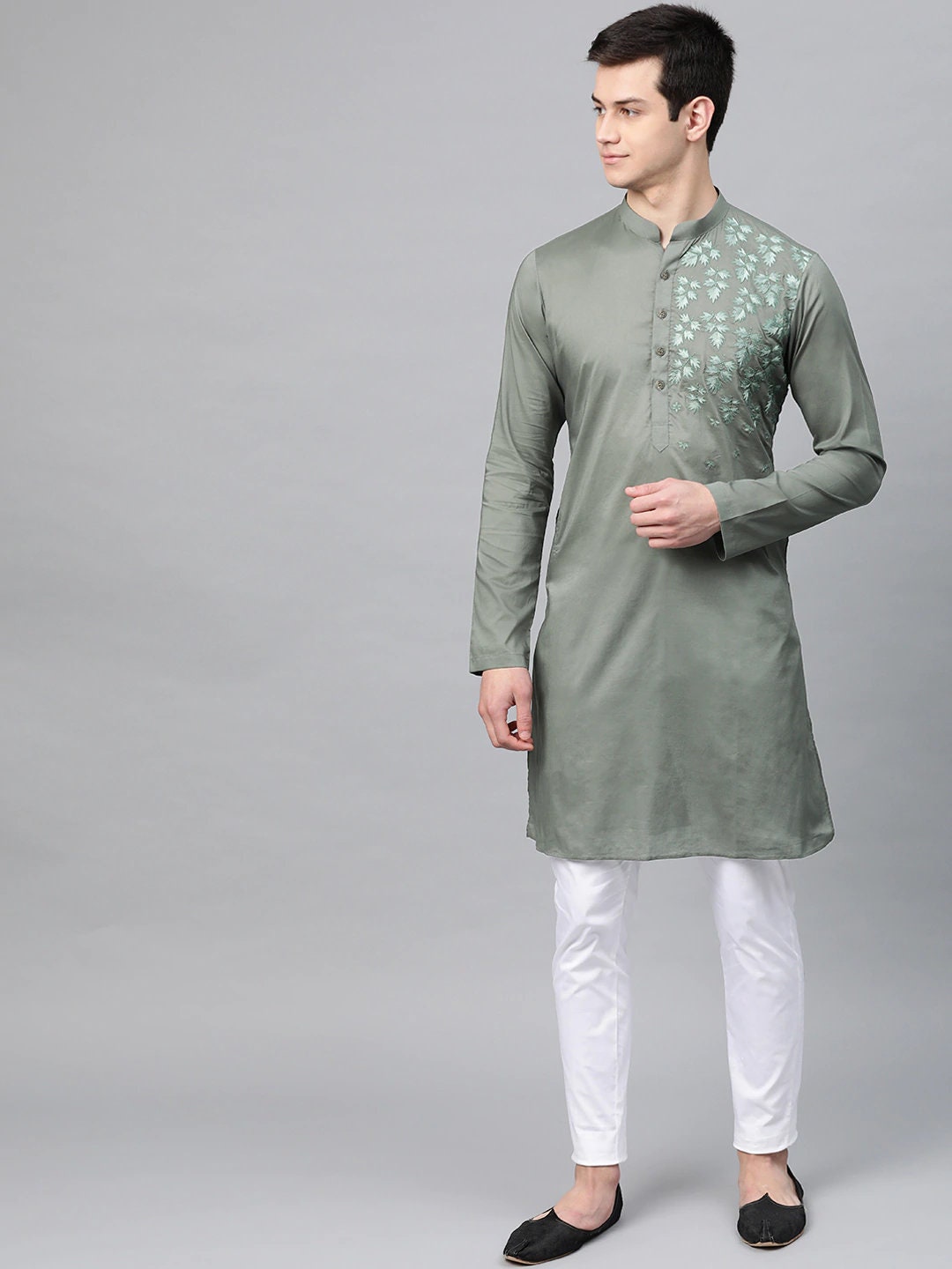 Custom made floral embroidery kurta pajama set , green men kurta pajama , pakistani kurta  ,  indian shirt for men , wedding kurta pajama