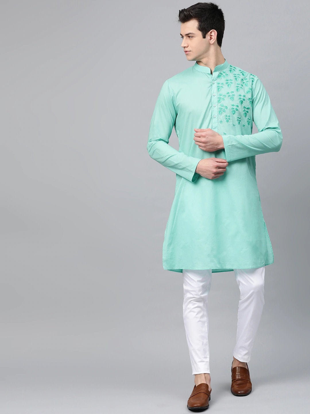 Custom made floral embroidery kurta pajama set , sea green men kurta pajama , eid  men wear  ,  indian shirt for men , wedding kurta pajama