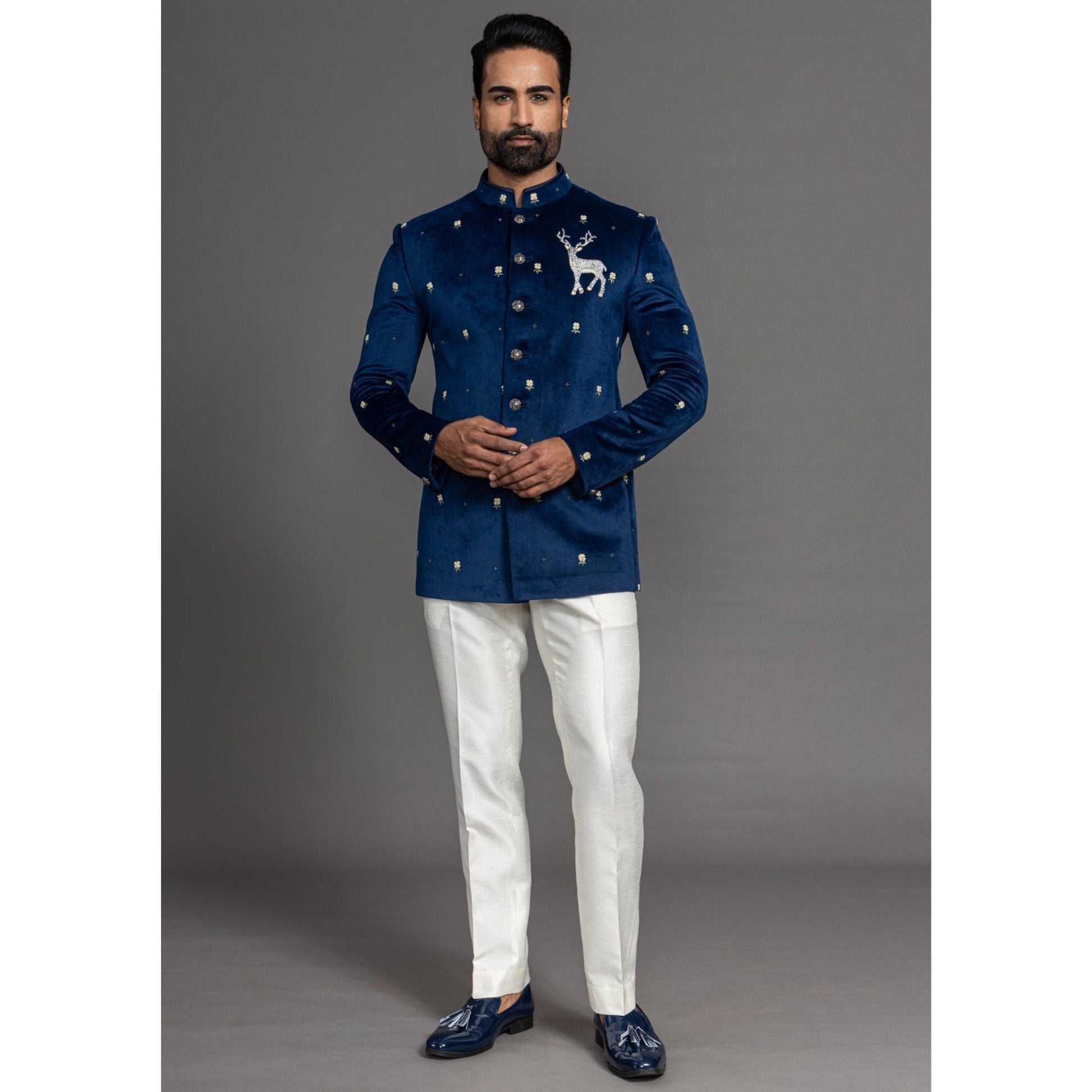 Bespoke Navy Blue Jodhpuri Bandgala Suit for Men – Rajanyas