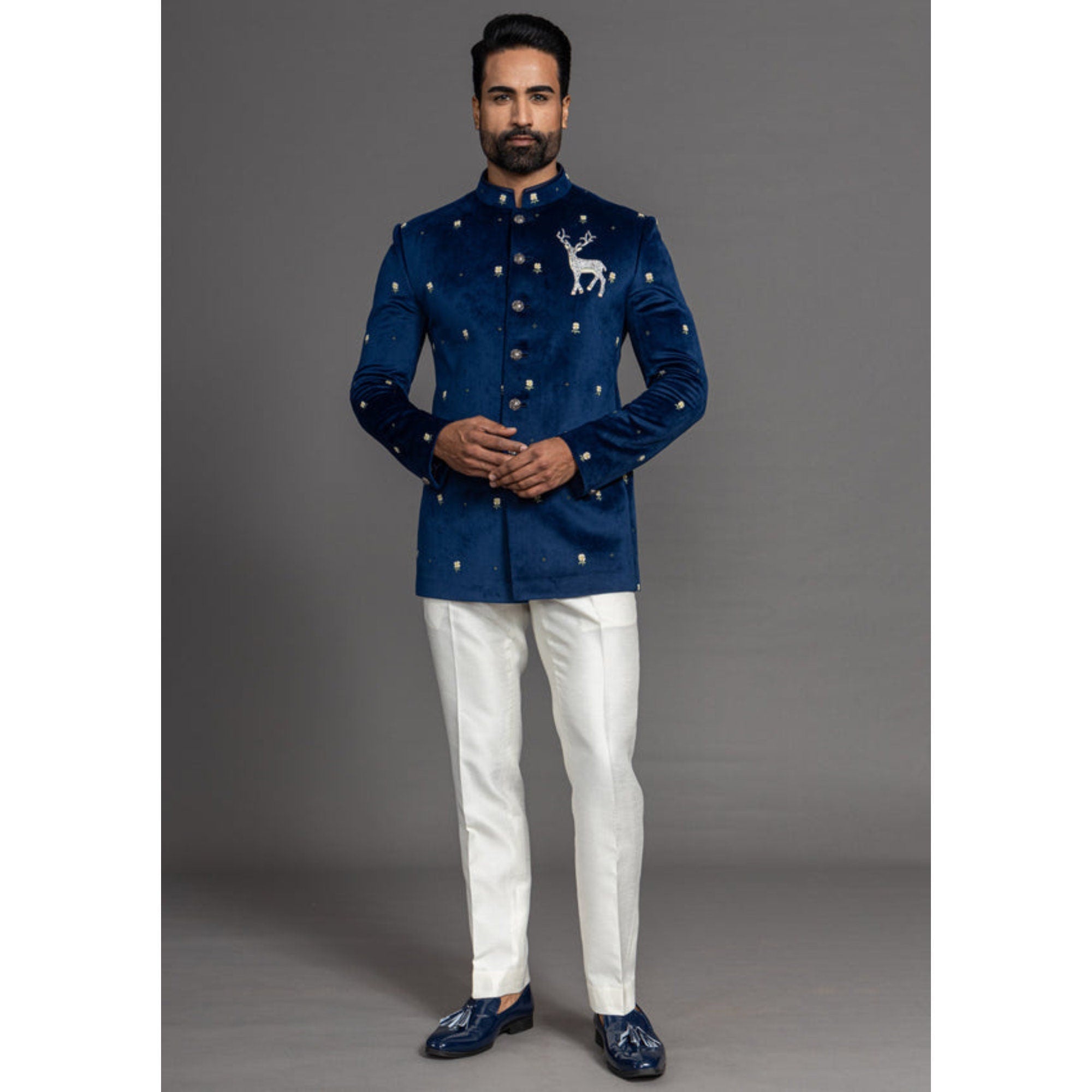 custom made hand embroidery blue jodhpuri suit men indo formal jacket indian wedding classical suit men bandhgala suit ethnic world 2
