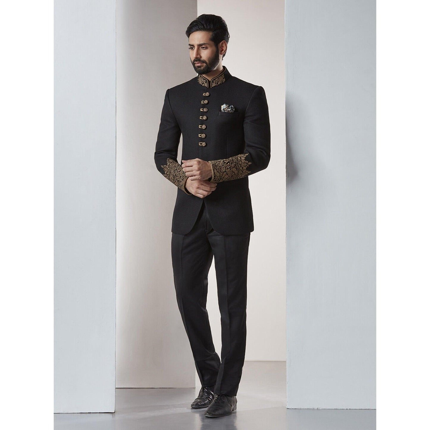 custom made men black embroidery jodhpuri sherwani suit , men indo jodhpuri jacket , men indian wedding classical suit ,  men bandhgala ,