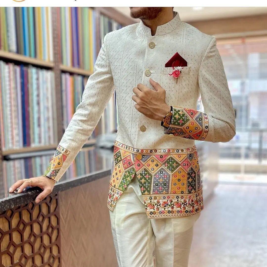Custom Made Men Designer Ivory  Jodhpuri  Suit , men Indo Formal Jacket ,  indian wedding classical suit ,  men bandhgala suit
