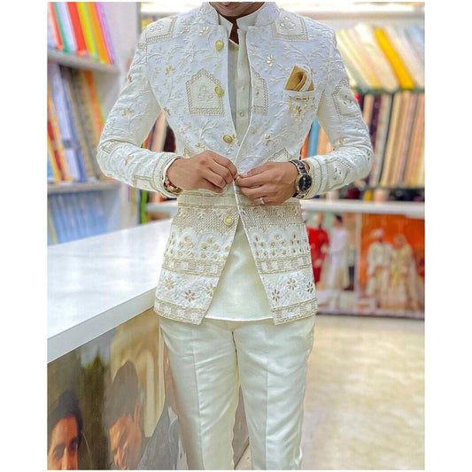Custom Made Men Lucknowi Chikankari Ivory  Jodhpuri  Suit , men Indo Formal Jacket ,  indian wedding classical suit ,  men bandhgala suit