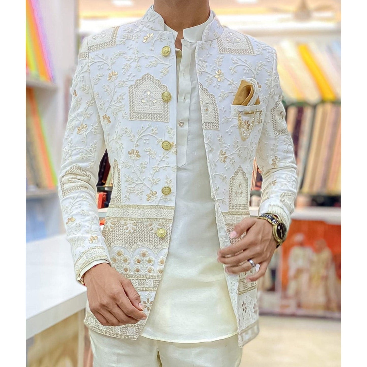 Custom Made Men Lucknowi Chikankari Ivory  Jodhpuri  Suit , men Indo Formal Jacket ,  indian wedding classical suit ,  men bandhgala suit