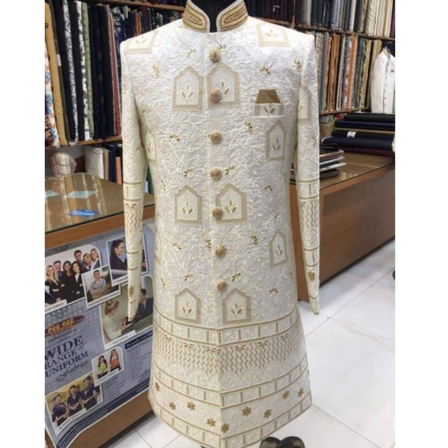 Custom Made Men Lucknowi Chikankari Ivory Sherwani Suit , men wedding sherwani  ,  indian ethnic classical suit , bandhgala jodhpuri suit