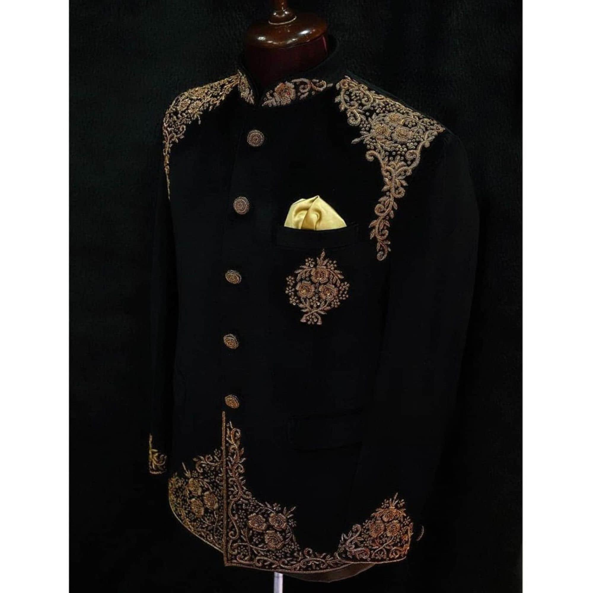 Men Black Velvet Prince Jodhpuri Suit In Embroidery Work – Ethnic World