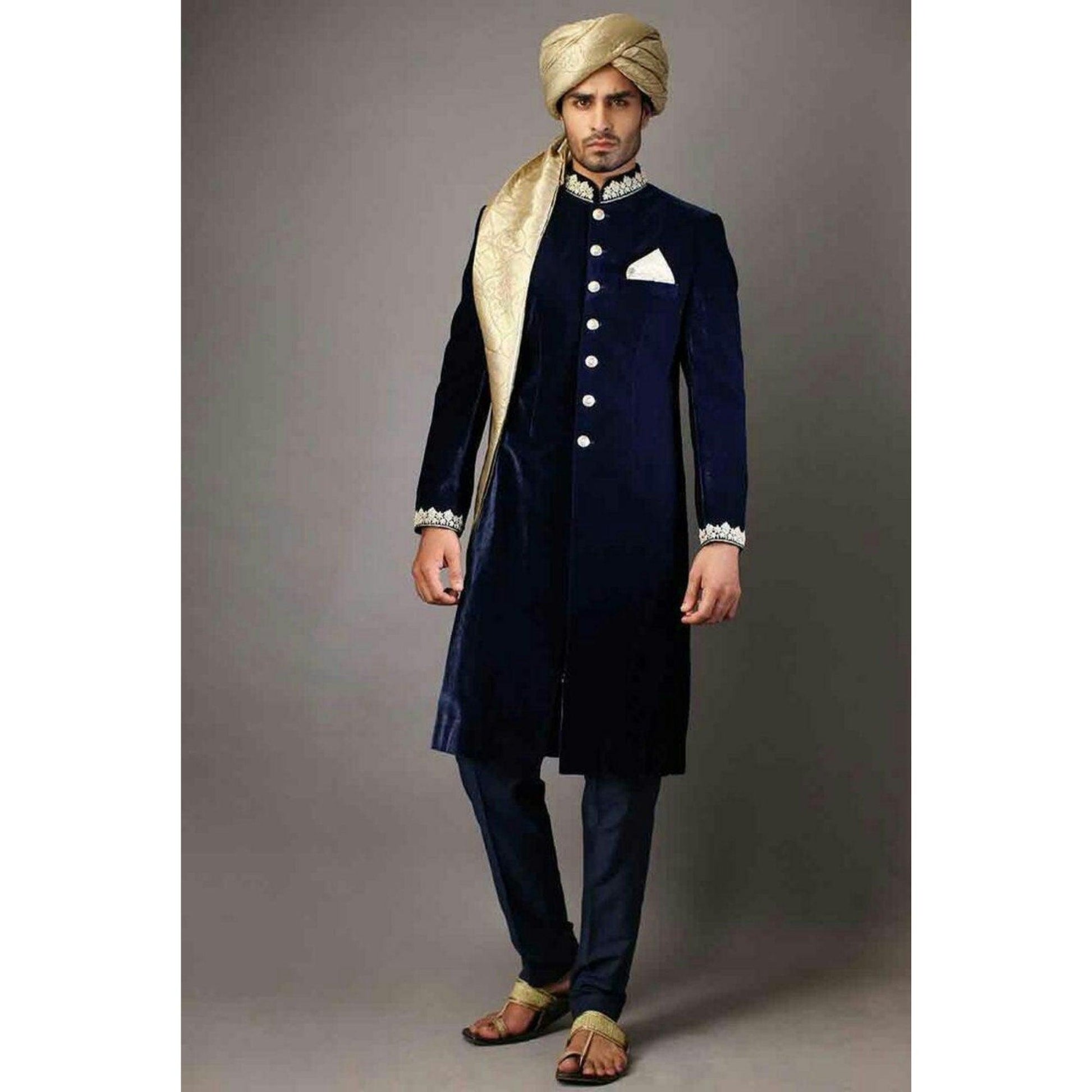 Custom made men velvet wedding shewani , Navy Blue endowestern sherwani , Indian wedding suit , Men groom sherwani , indian traditional wear