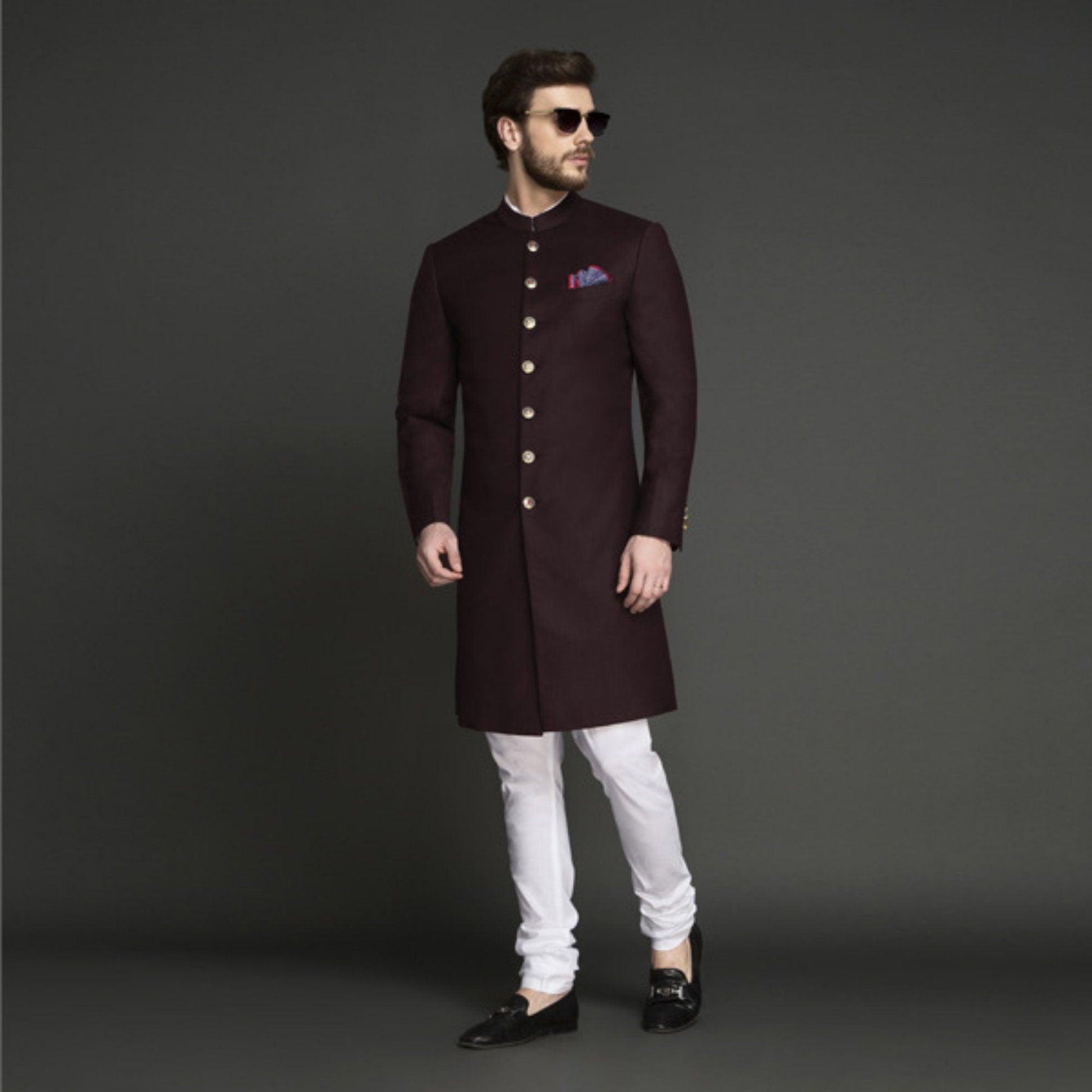 Custom made men wool wedding shewani , Black indowestern sherwani , Indian wedding suit , Men groom sherwani , royal sherwani