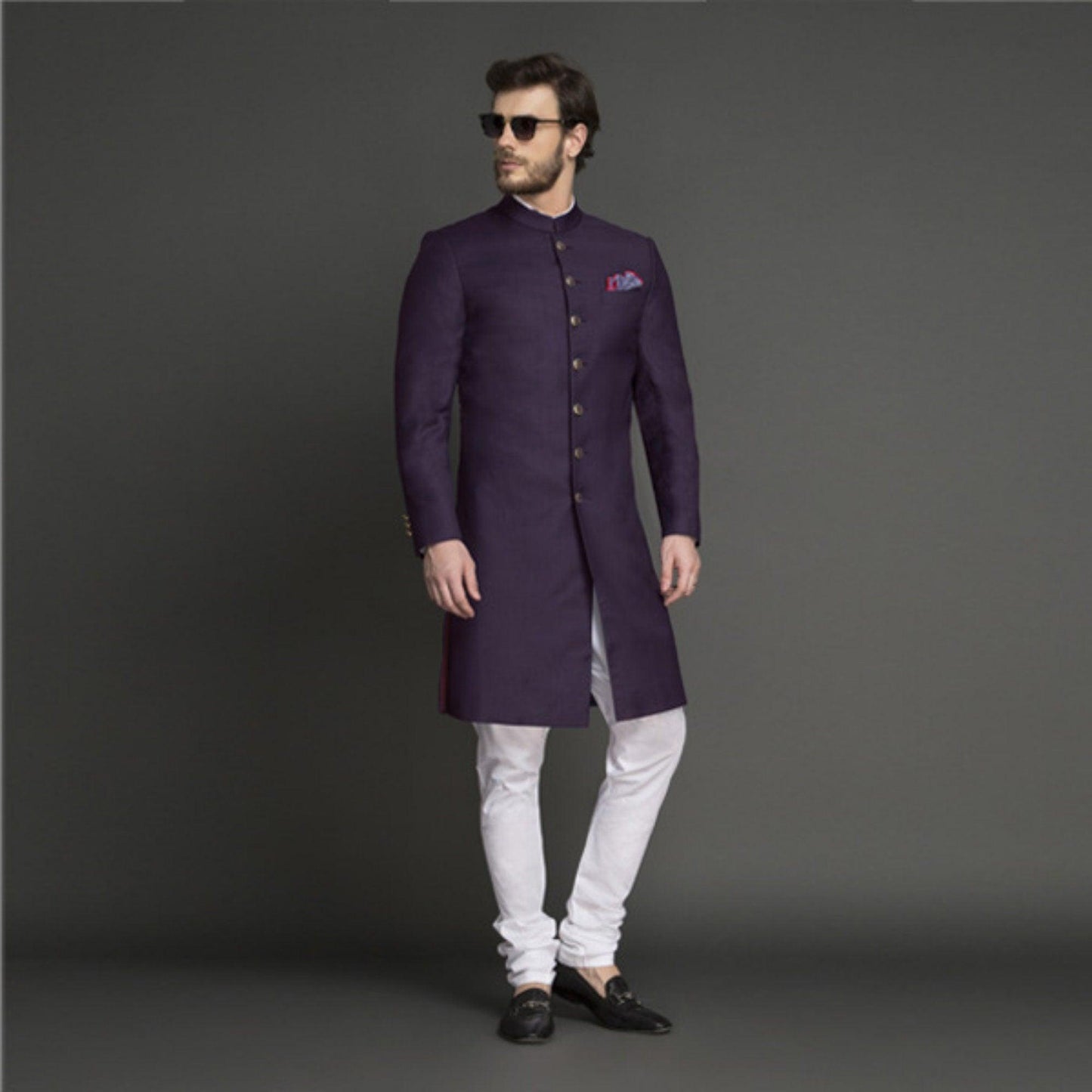 Custom made men wool wedding shewani , Black indowestern sherwani , Indian wedding suit , Men groom sherwani , royal sherwani