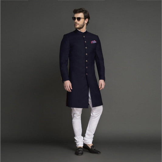 Custom made men wool wedding shewani , Navy Blue endowestern sherwani , Indian wedding suit , Men groom sherwani