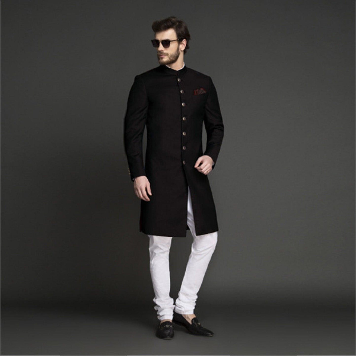 Custom made men wool wedding shewani , Navy Blue endowestern sherwani , Indian wedding suit , Men groom sherwani