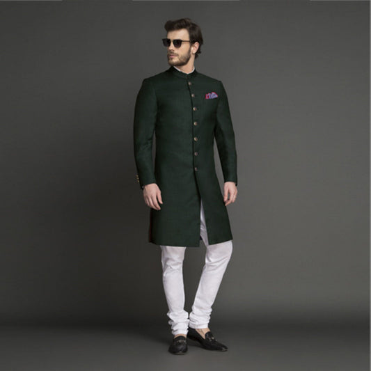Custom made men wool wedding shewani ,   Royal sherwani , green indowestern sherwani , Indian wedding suit , Men groom formal  suit