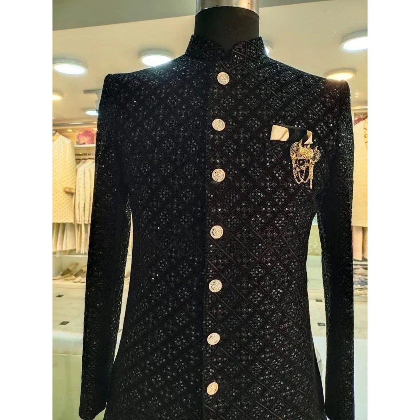 Custom Made Sequins Chikankari Black  Sherwani  Suit , men Indo Formal Jacket ,  indian wedding classical suit ,  men indian sherwani