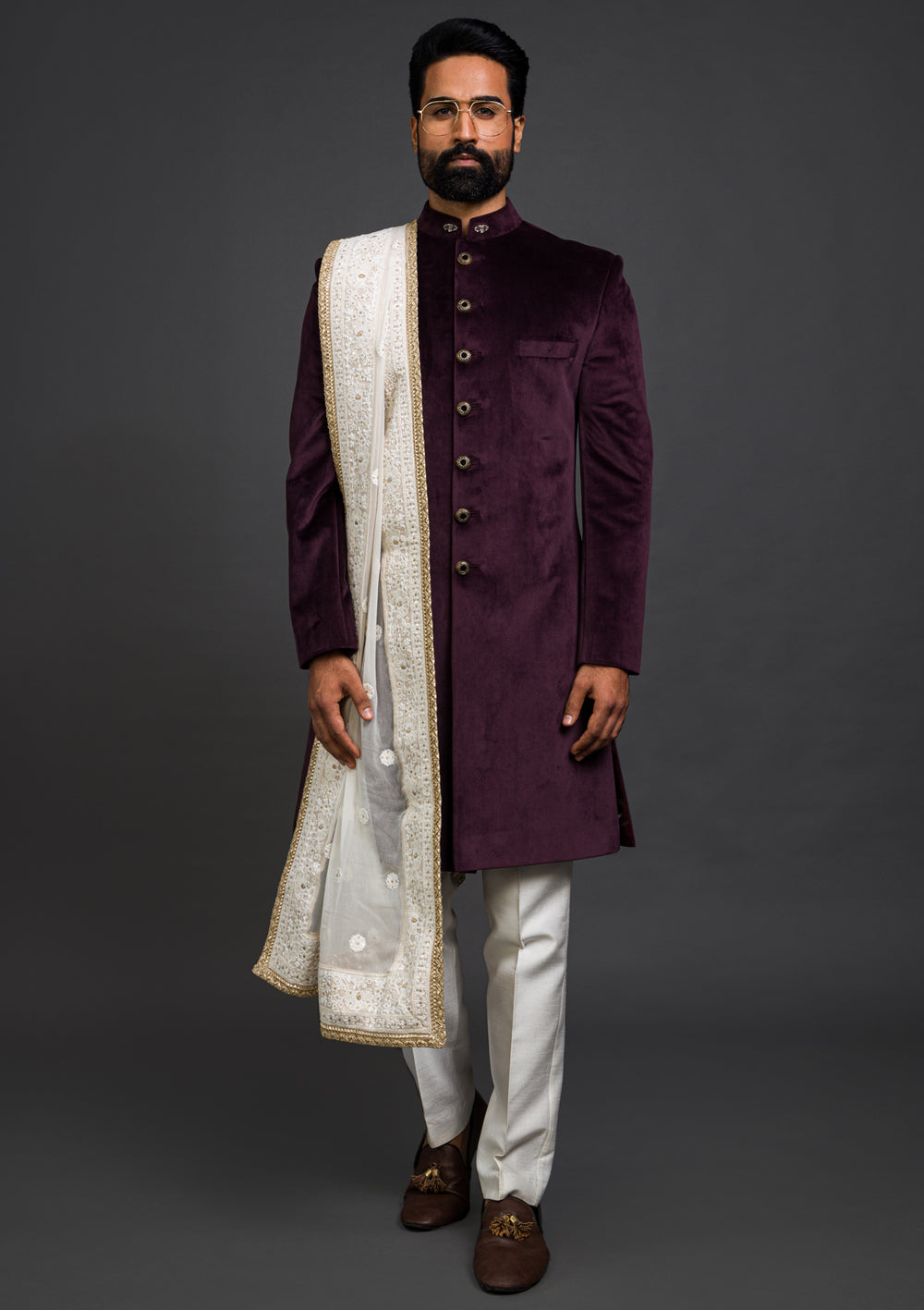 Designer Embroidered Purple Velvet Indo Western Wedding Sherwani - Ethnic World