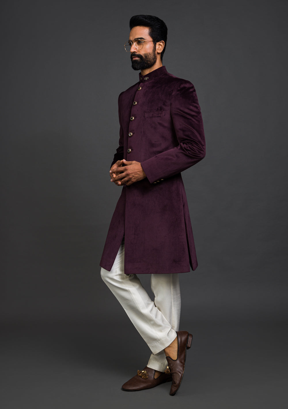 Designer Embroidered Purple Velvet Indo Western Wedding Sherwani - Ethnic World