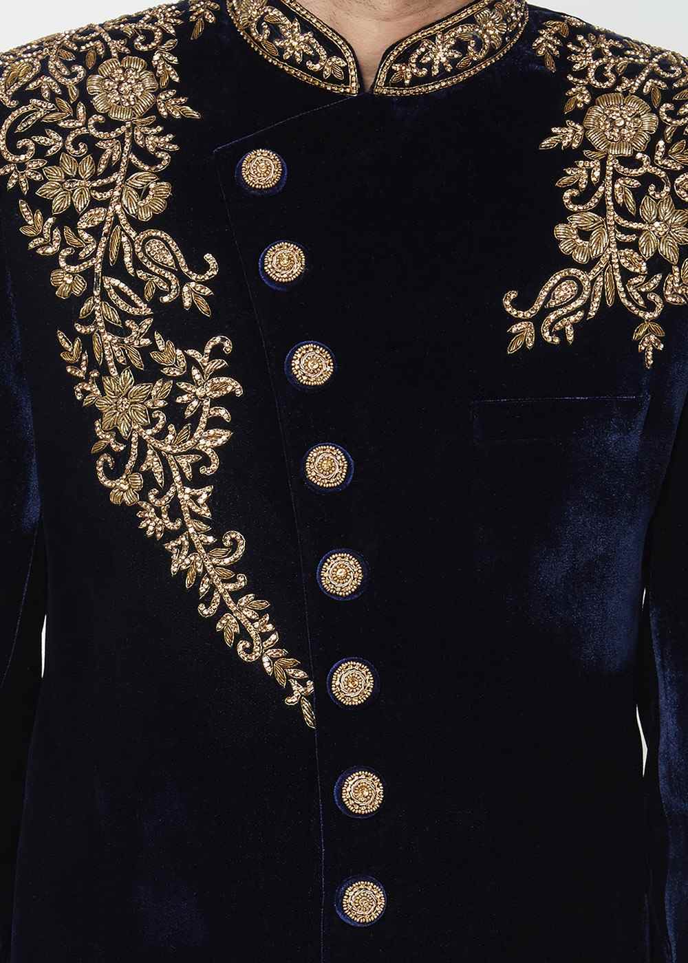 Embroidered Black Velvet Indo Western Wedding Sherwani For Men - Ethnic World