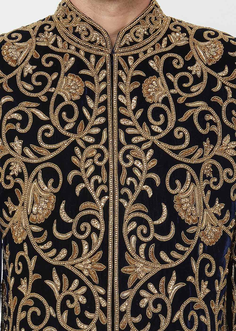 Heavy Embroidered Black Velvet Indo Western Wedding Sherwani - Ethnic World