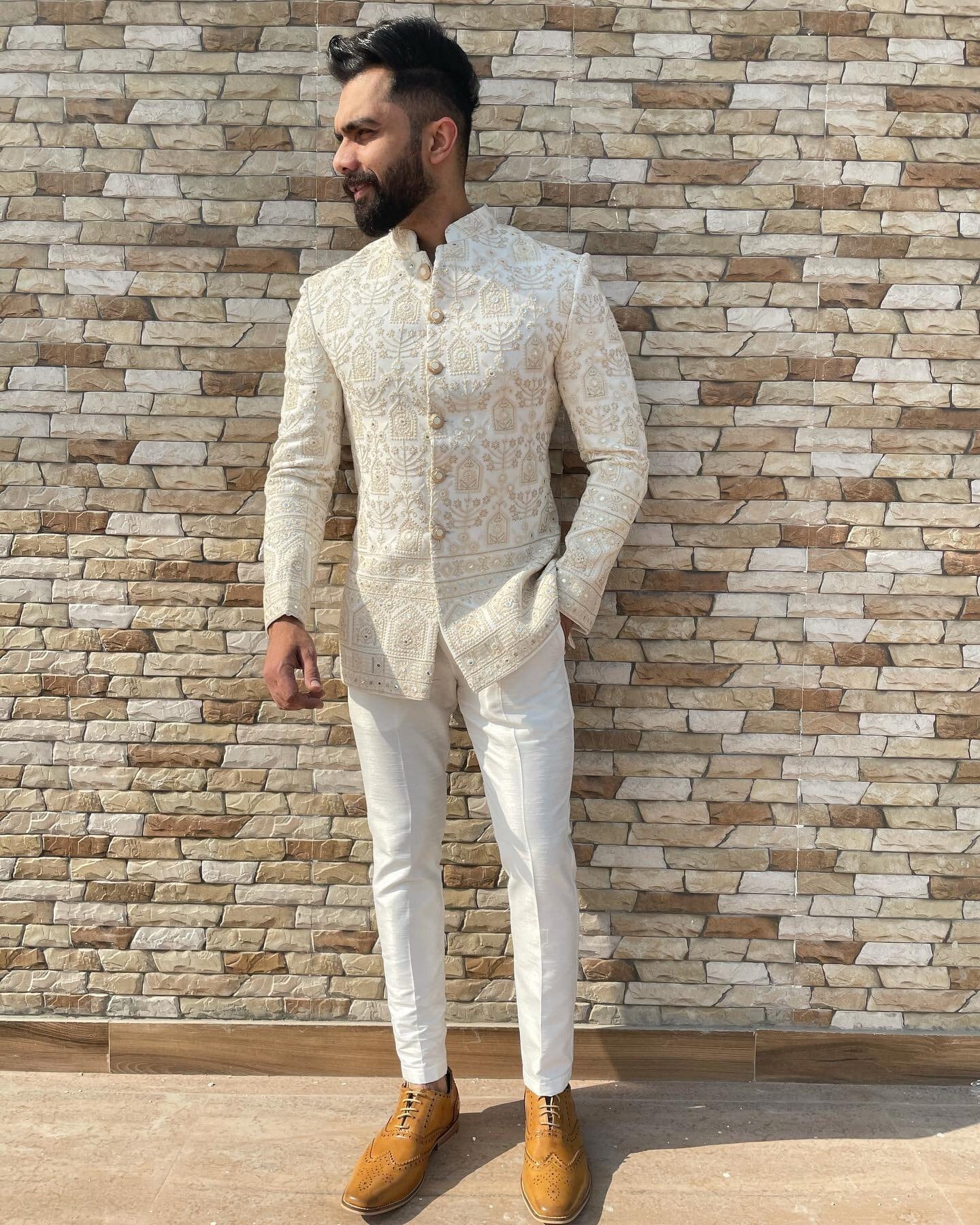 Custom Made Made White Chikankari Embroidered Jodhpuri Suit Bandhgala For Men