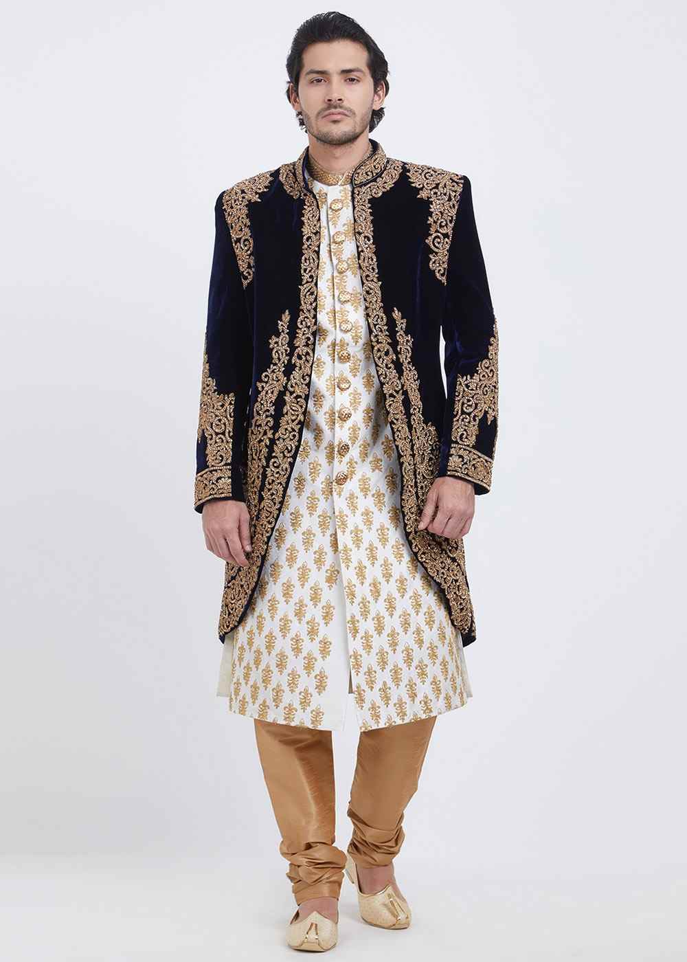 Latest Jacket Style Embroidered Black Velvet Indo Western Wedding Sherwani - Ethnic World