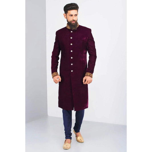 Men designer velvet wedding sherwani , indian wedding purple sherwani , hand embroidery sherwani suit , pakistani wedding sherwani