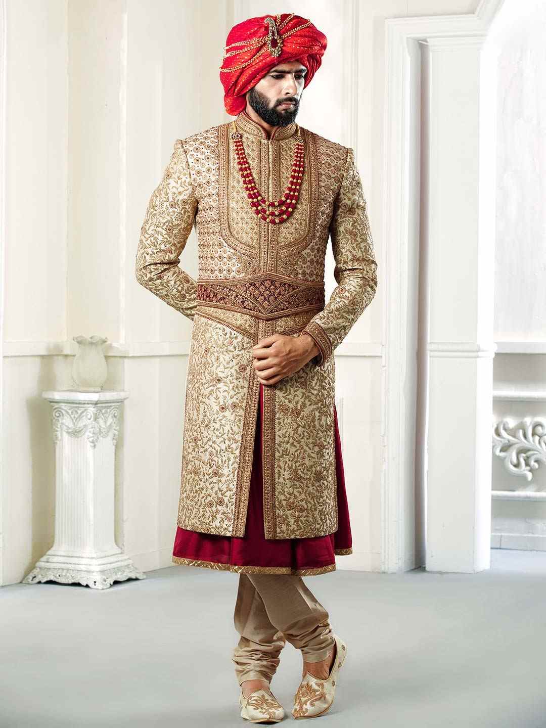 Men Golden Beige And Pink Heavy Embroidery Wedding Sherwani - Ethnic World