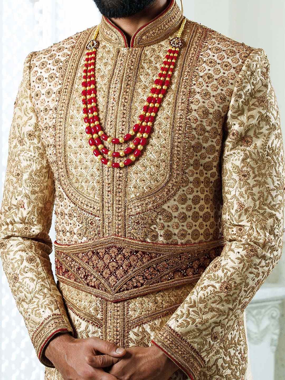 Men Golden Beige And Pink Heavy Embroidery Wedding Sherwani - Ethnic World