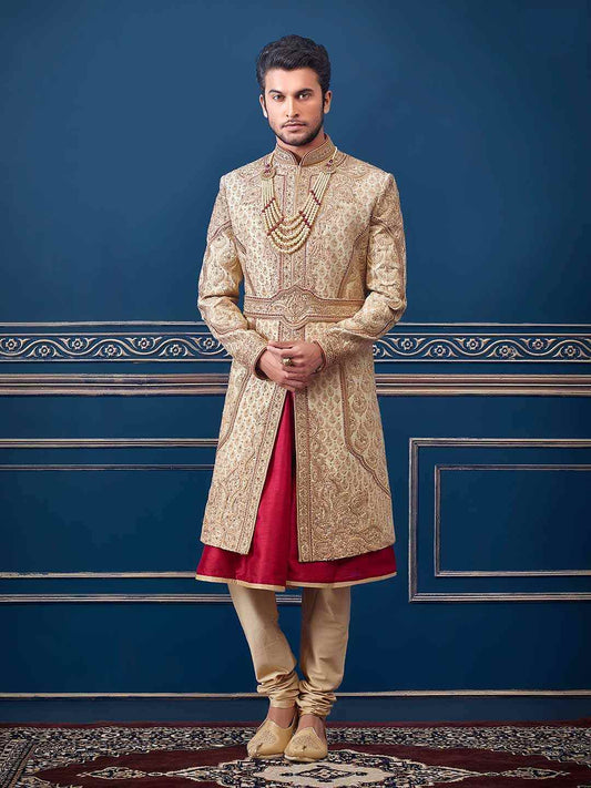 Men Golden Beige And Red Heavy Embroidery Wedding Sherwani - Ethnic World