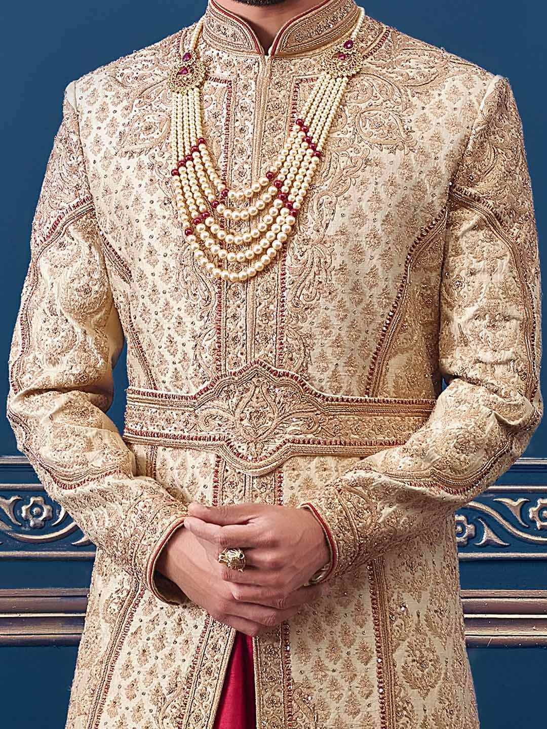 Men Golden Beige And Red Heavy Embroidery Wedding Sherwani - Ethnic World