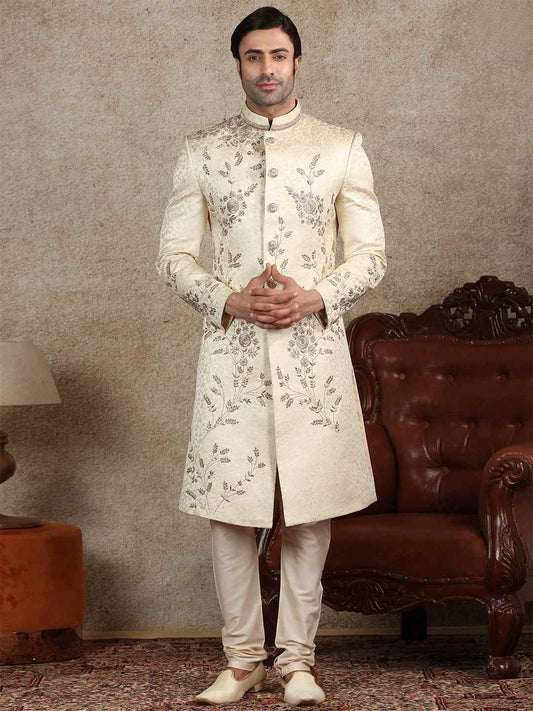 Men Off White Floral Embroidered Groom Sherwani - Ethnic World