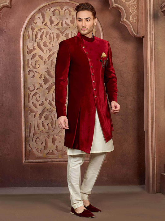 Mens wedding sherwani /Red velvet sherwani  / Indian suit for men / indian  wear / kurta pajama for men / sherwani for men / indian suit