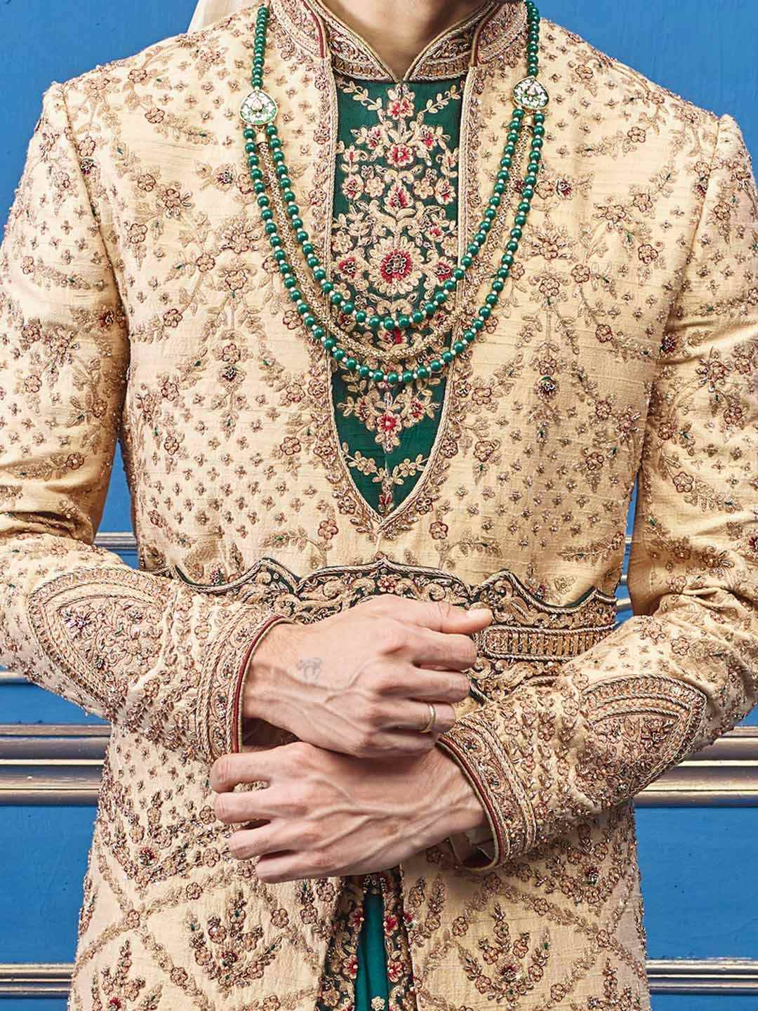 Custom Made Men Beige Heavy Embroidered Wedding Sherwani