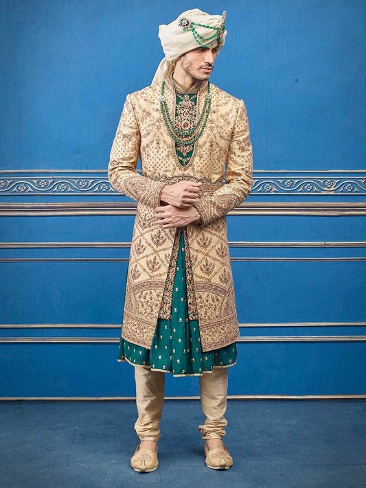 Custom Made Men Beige Heavy Embroidered Wedding Sherwani