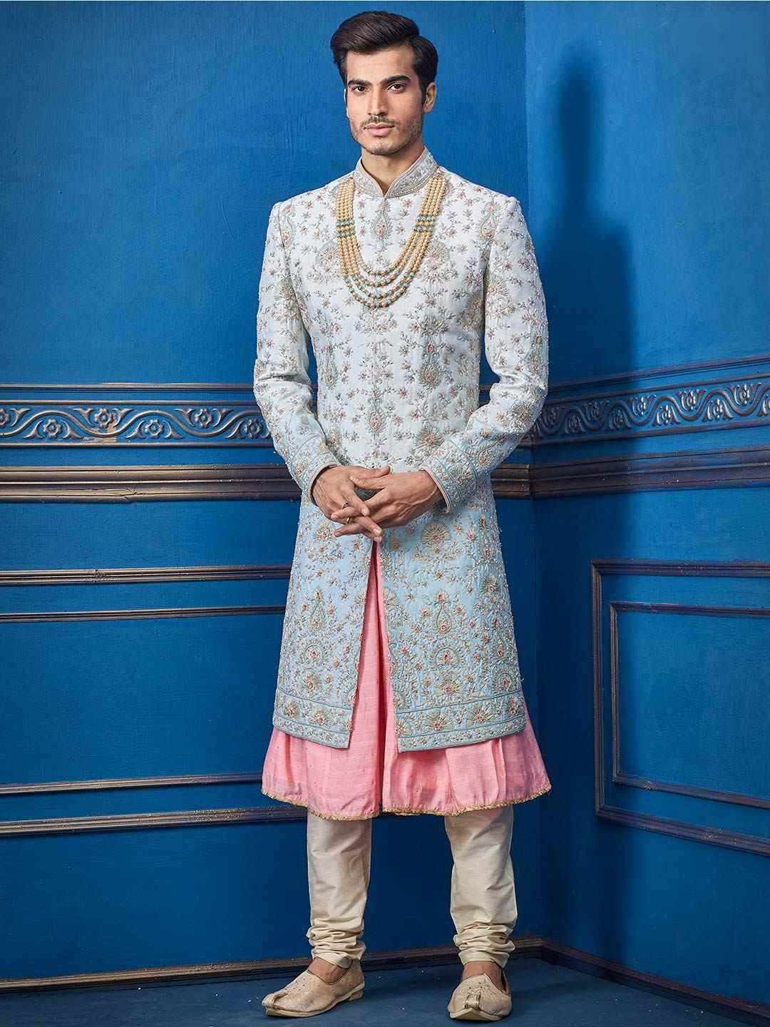 Men Sky Blue Embroidered Wedding Sherwani