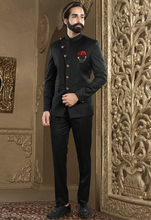 Custom Made Black Terry Rayon Jodhpuri Suit Bandhgala