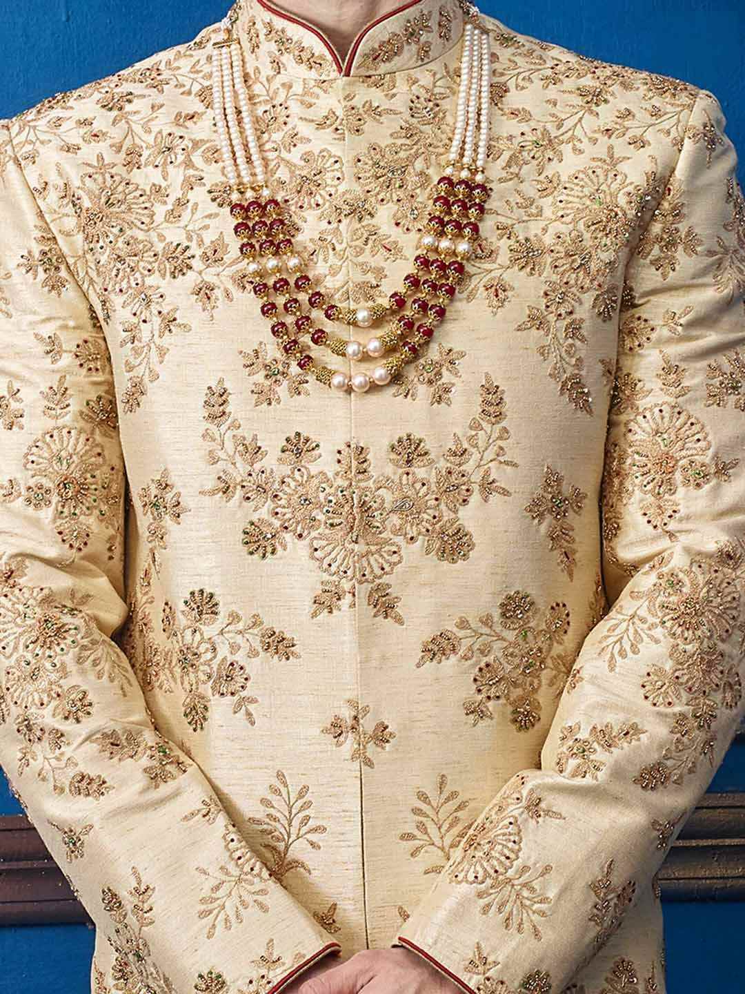 Traditional Beige Heavy Embroidered Men Sherwani - Ethnic World