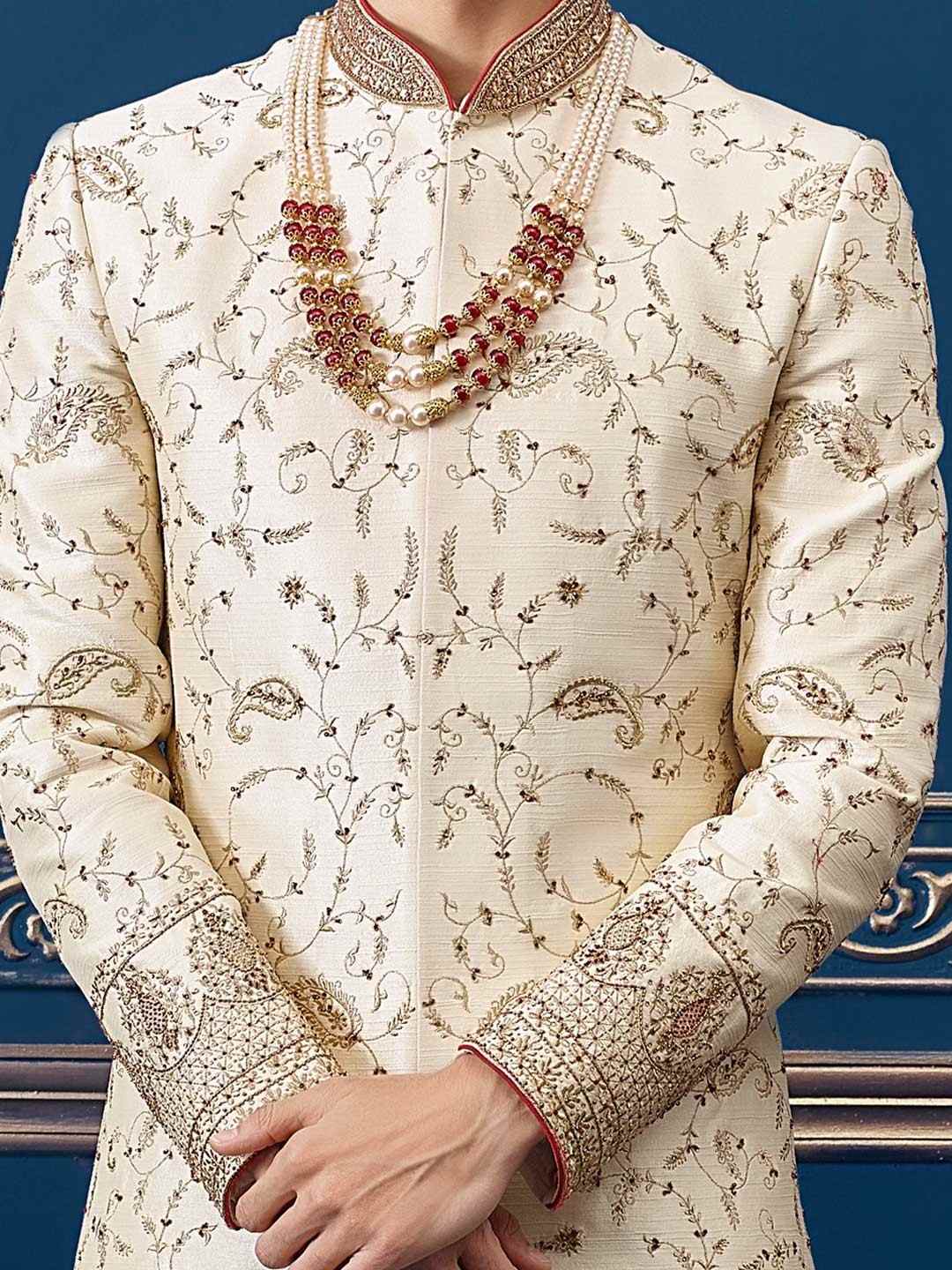 Traditional Off White Heavy Embroidered Men Sherwani - Ethnic World