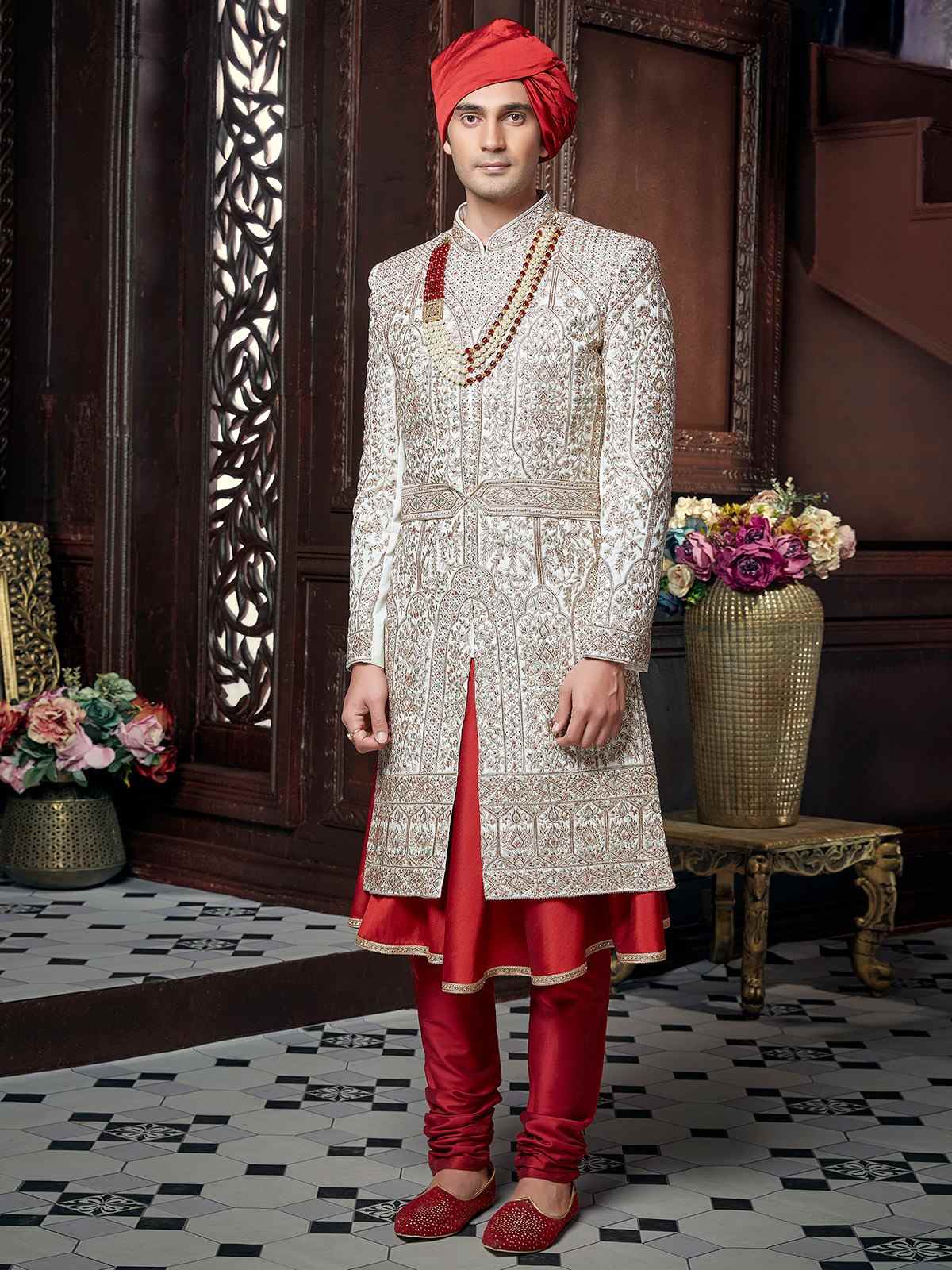 Off White Silk Heavy Embroidered Wedding Sherwani