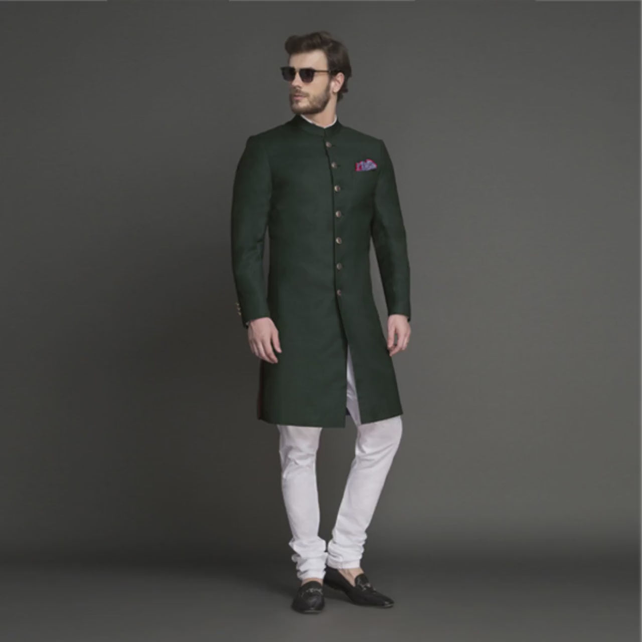 Custom made men wool wedding shewani ,   Royal sherwani , green indowestern sherwani , Indian wedding suit , Men groom formal  suit