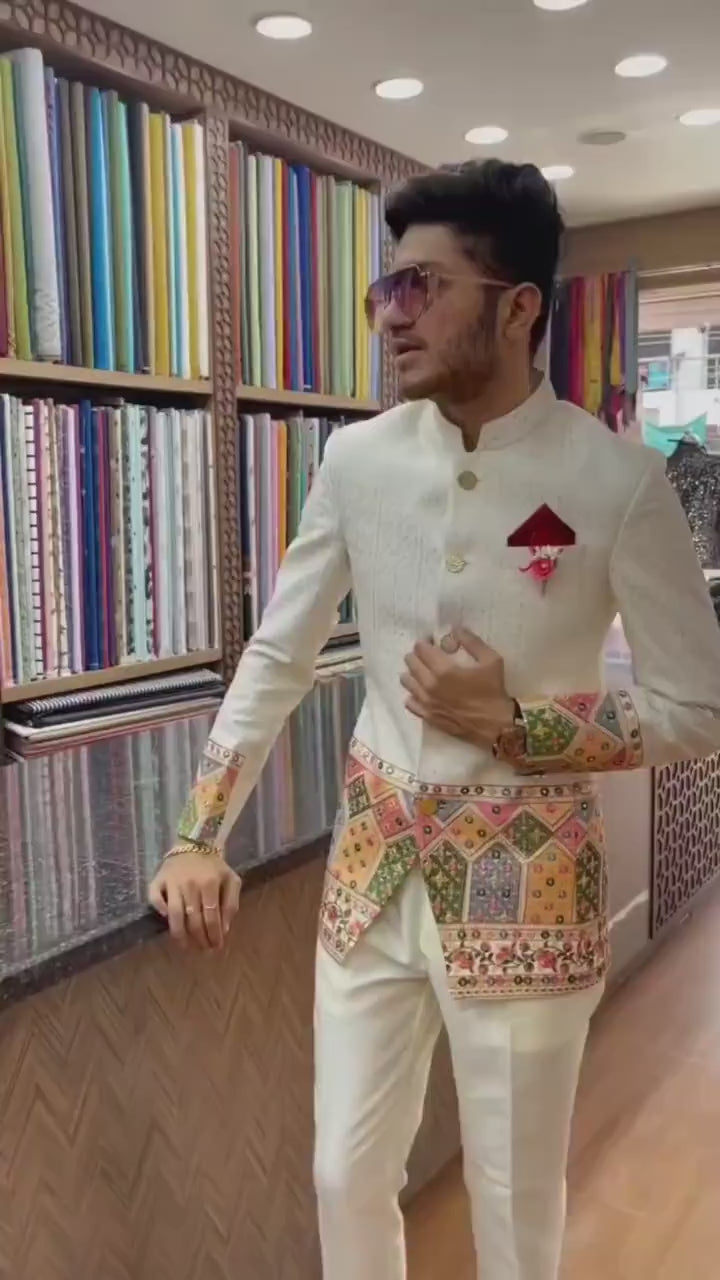 Custom Made Men Designer Ivory  Jodhpuri  Suit , men Indo Formal Jacket ,  indian wedding classical suit ,  men bandhgala suit